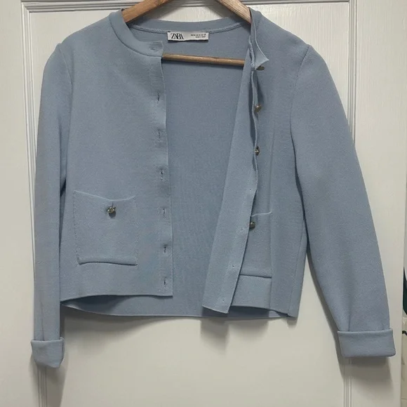 Zara Powder Blue Cropped Button-Front Cardigan - Picture 4 of 7